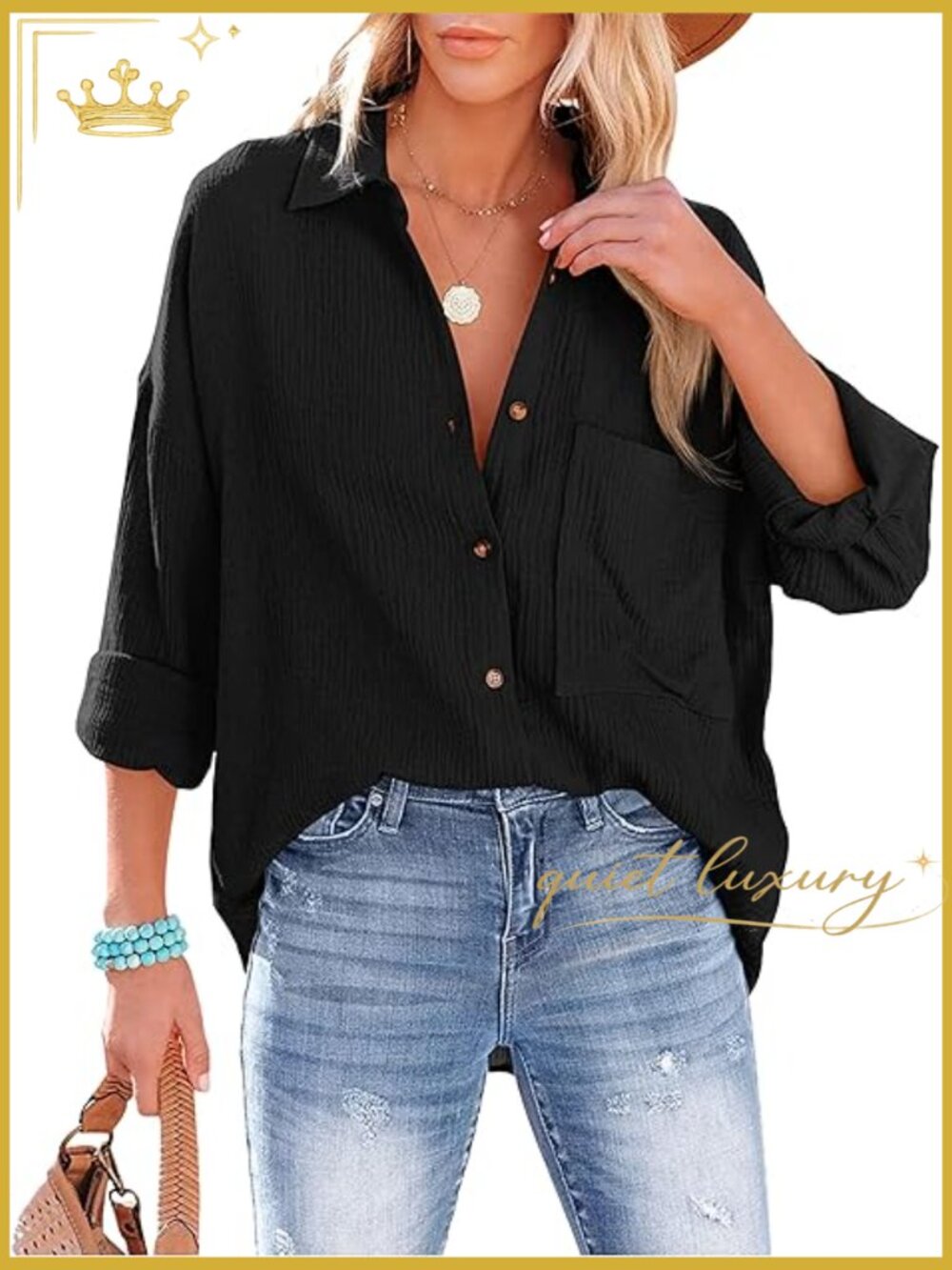 Oversized Cotton Gauze Button Down Blouse Top Long Sleeve